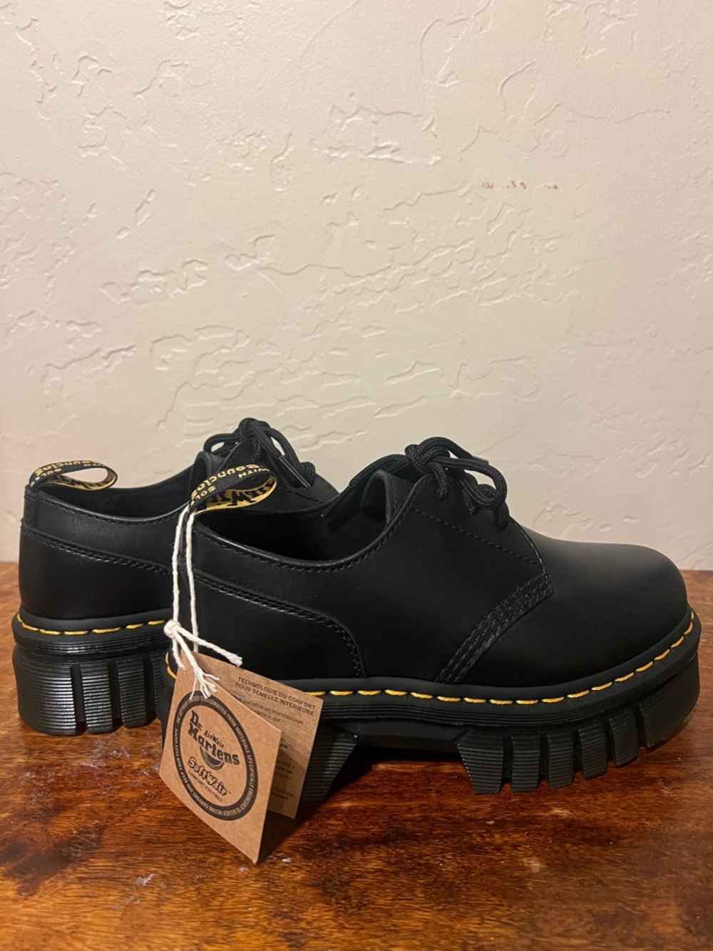 Dr. Martens Black Leather Chunky Derby Shoes with Yellow Stitching